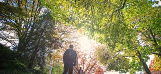 Image of student walking with foliage in the background