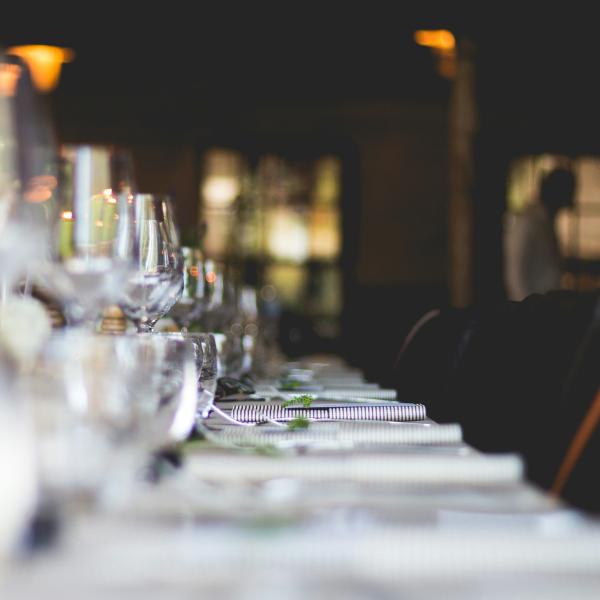 Long table with wine glasses